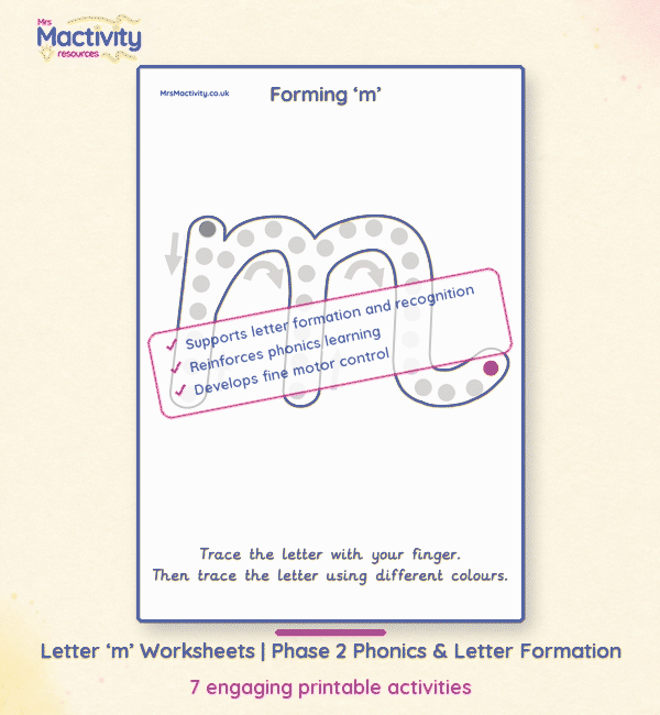 Letter m worksheets with Phase 2 phonics, tracing and letter formation activities for Reception