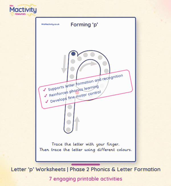Letter p formation worksheets with tracing and handwriting practice for Reception